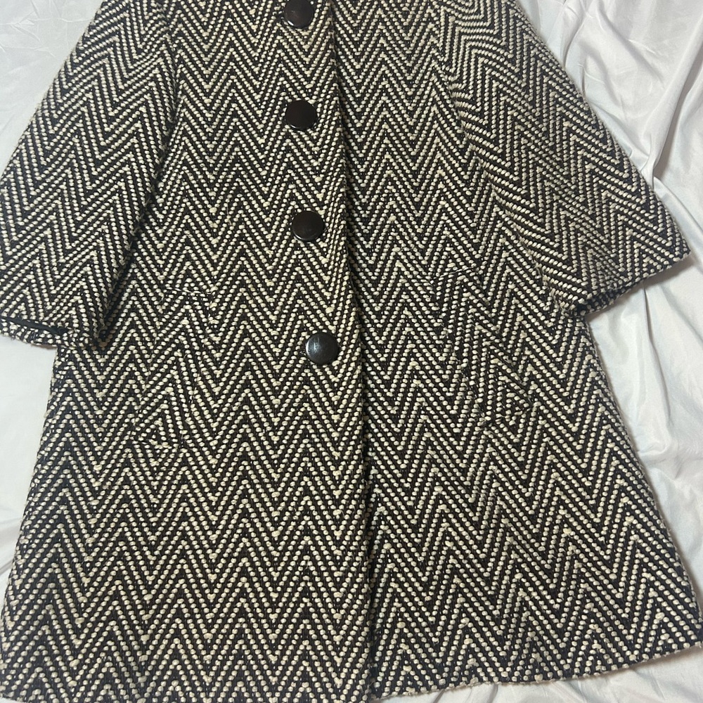 Michael Kors Sz M Black & Ecru Herringbone Wool Blend Pea Coat 3/4 Sleeves